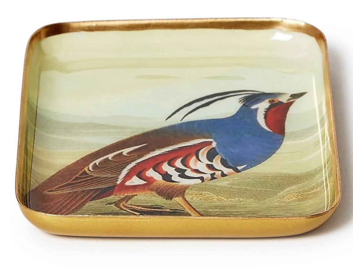 Small square vintage-inspired metal tray with gold edges, featuring a colorful pheasant illustration in blue, red, white, and brown tones. Available size: small.