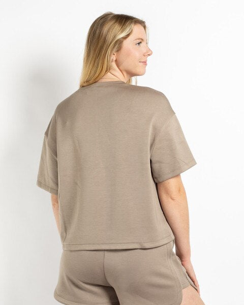 Mocha Taylor Crew Neck short sleeve top. Available in various sizes.