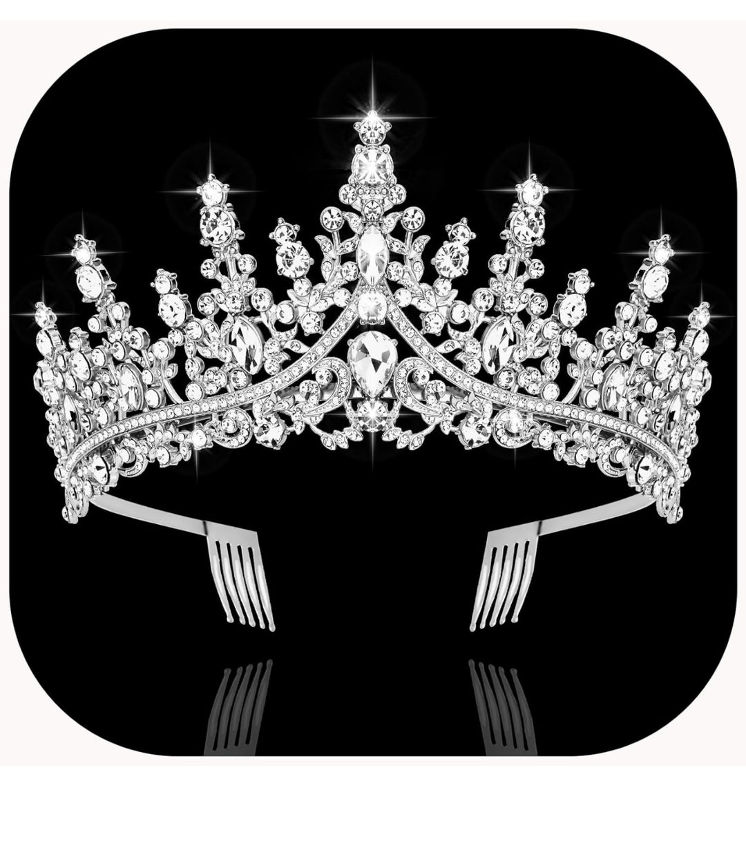Sparkling silver tiara with clear crystals, ornate design, combs on each side. Available sizes: small, medium, large.