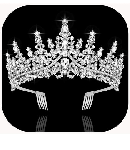 Sparkling silver tiara with clear crystals, ornate design, combs on each side. Available sizes: small, medium, large.
