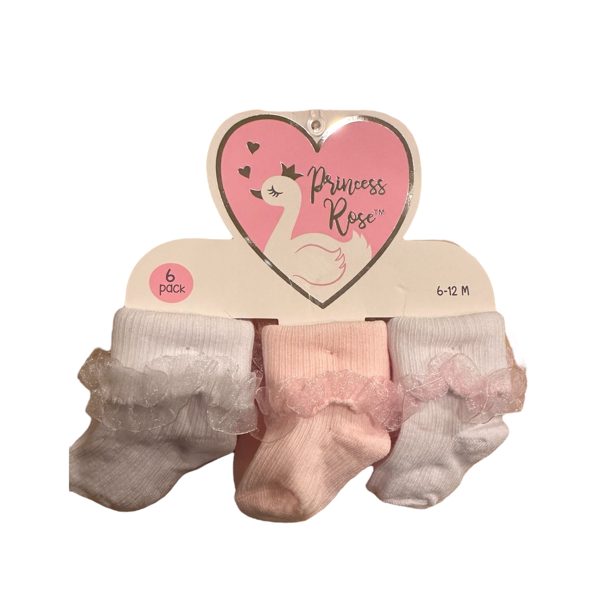 A package of six Infant Socks labeled "princess rose" for ages 6-12 months, featuring three pairs of frilly socks in shades of pink and gray, displayed on a heart-shaped cardboard backing.