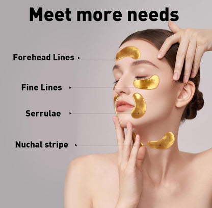 Crystal Collagen Gold Powder Eye Mask patches target forehead lines, fine lines, and dark circles; available in various sizes.