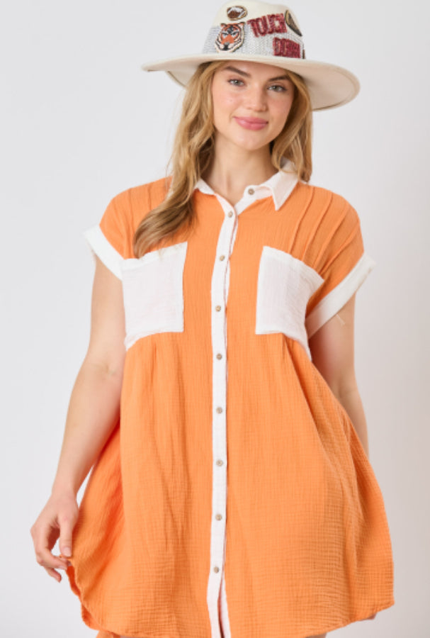 Burnt Orange/White Game Day Dress with white collar and pocket details. Sizes available: S, M, L, XL.