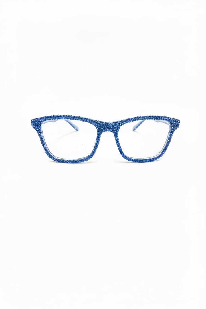 Blue Glitter Framed Power Eyeglasses with rhinestones around the frame. Available in sizes S, M, L.