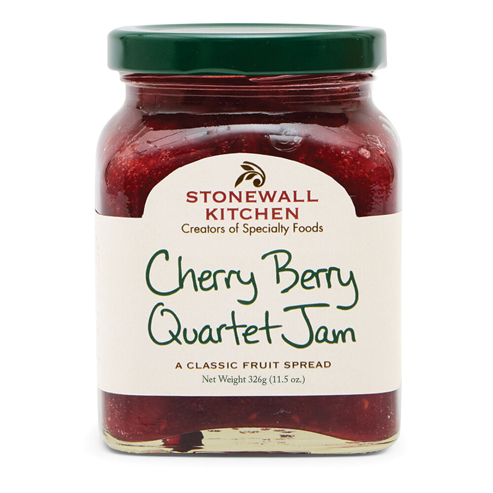 11.5oz Stonewall Kitchen Cherry Berry Quartet Jam in glass jar with green lid. Net weight: 326g (11.5oz).