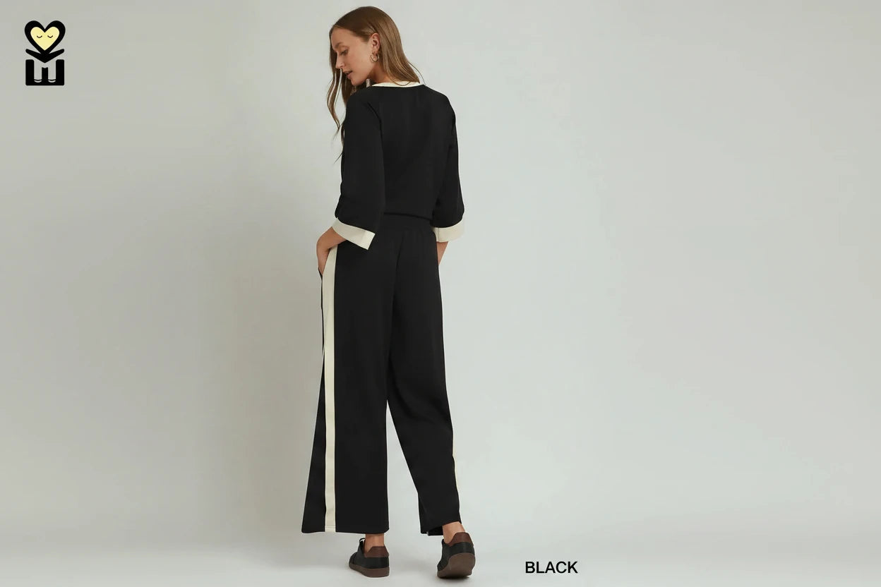 Black Colorblock Side Striped Straight Pants, available in sizes XS-XL.