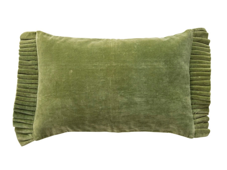 Moss green velvet lumbar pillow with ruffled edges. Available in various sizes.
