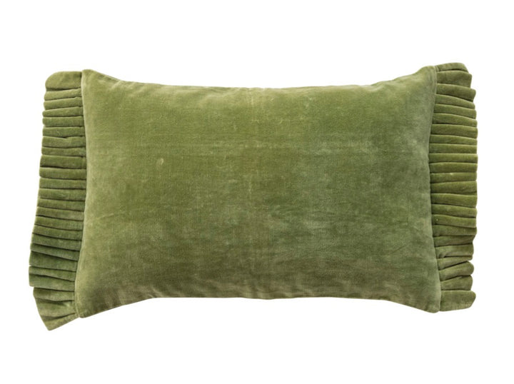 Moss green velvet lumbar pillow with ruffled edges. Available in various sizes.