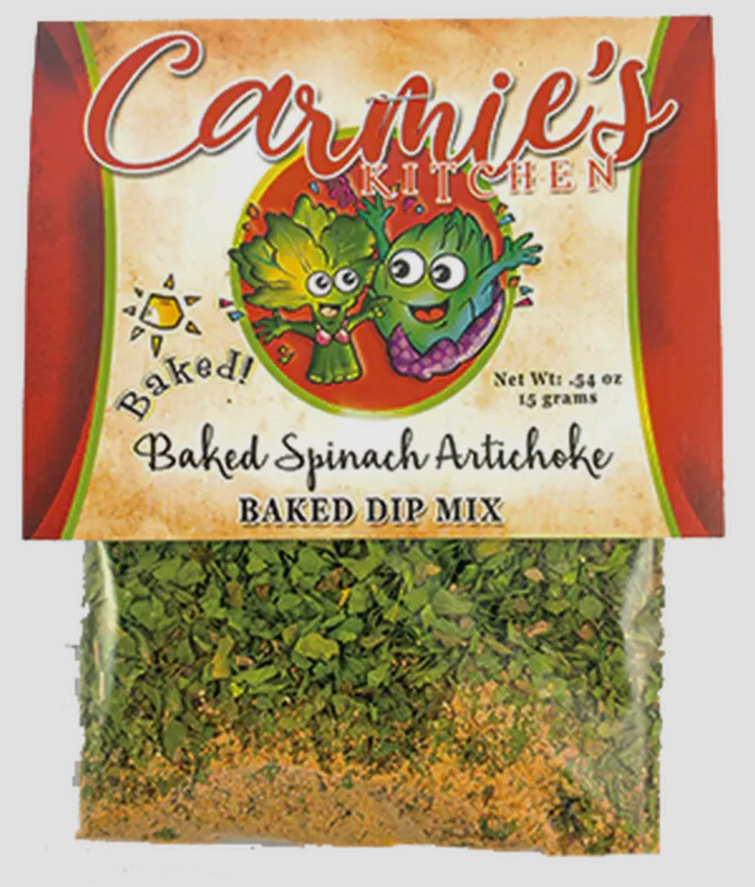 Baked Spinach Artichoke Dip Mix in clear pouch with dried mix. Available in 5 oz and 10 oz sizes.