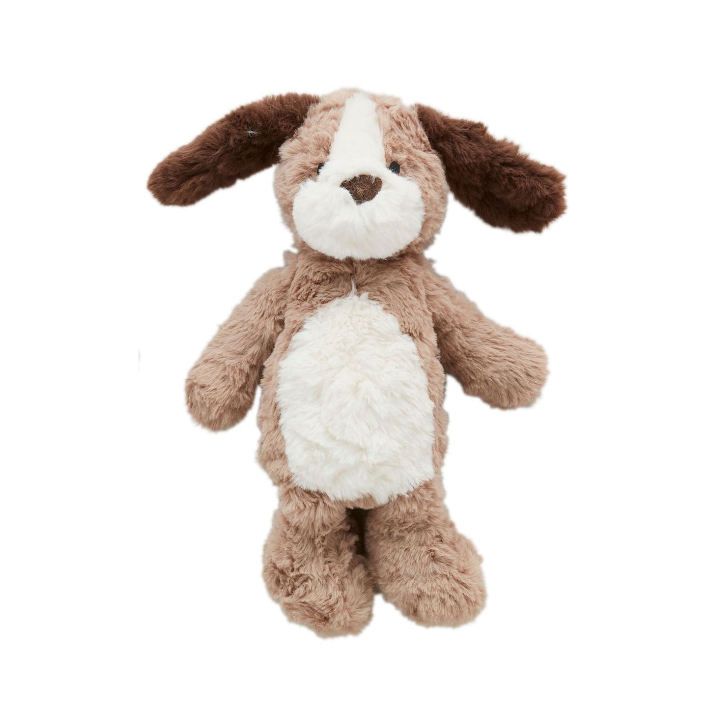 Faux fur stuffed dog with floppy brown ears, brown and white face, and white belly. Available in small, medium, and large sizes.