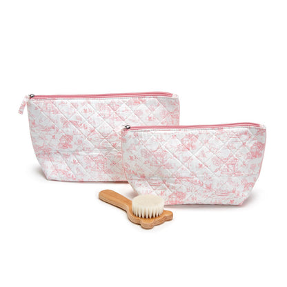 Set of 2 quilted multipurpose pouches, white and pink, animal toile print; two sizes available.