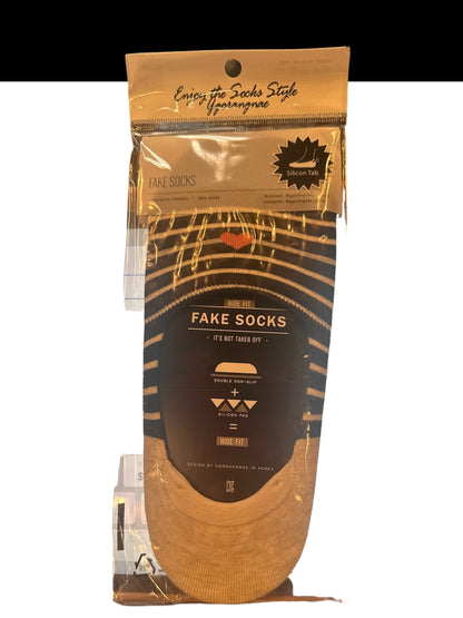 Women's "Fake Socks" with gold, brown, and black stripes, decorative emblems, double silicone pad. Sizes available: S/M/L.