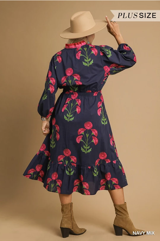 Louise Floral Midi Dress: navy midi with pink florals, available in plus size. Color: Navy Mix.