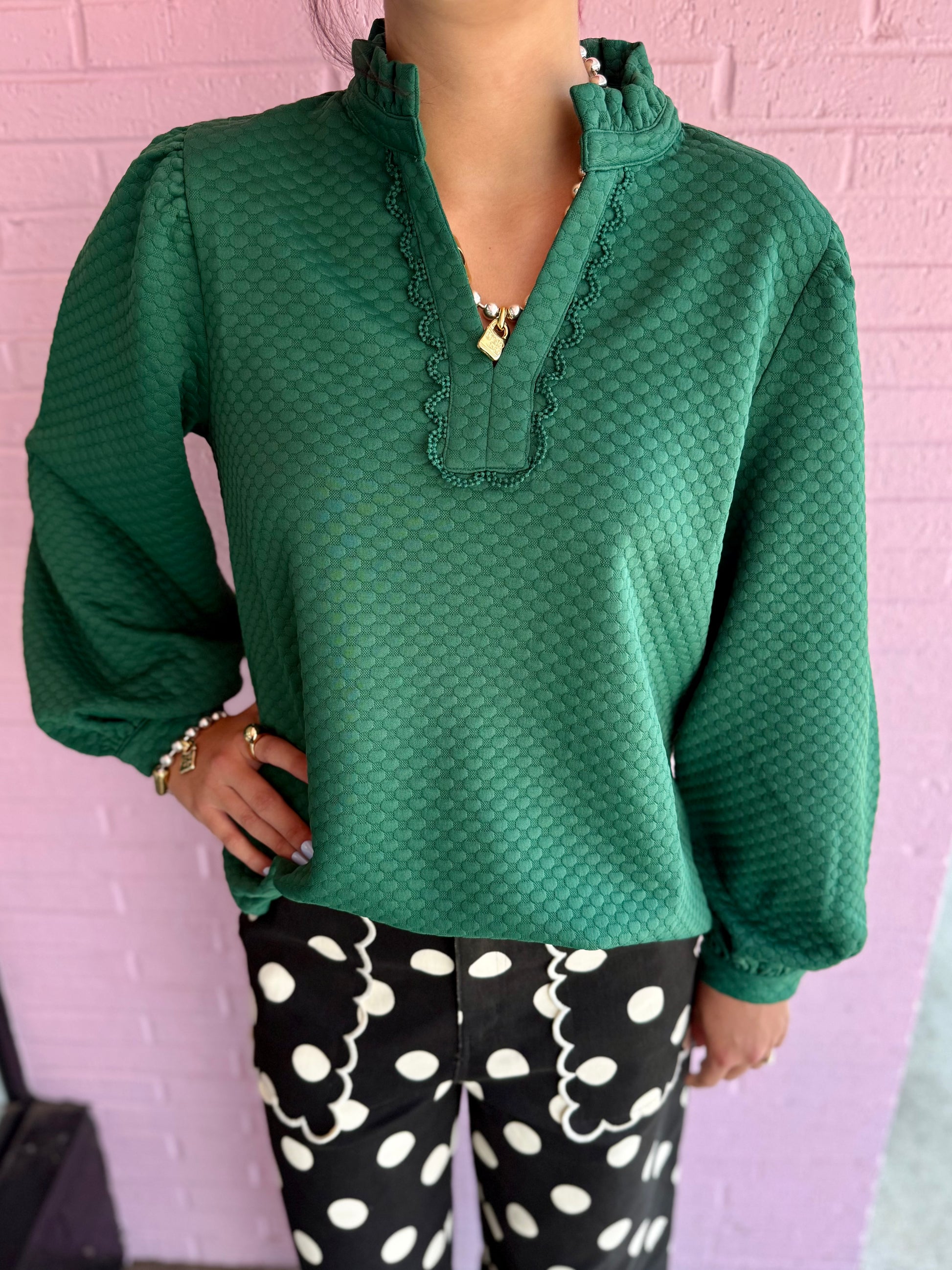 Hunter Green Textured V-neck Pullover, available in sizes XS-XL.