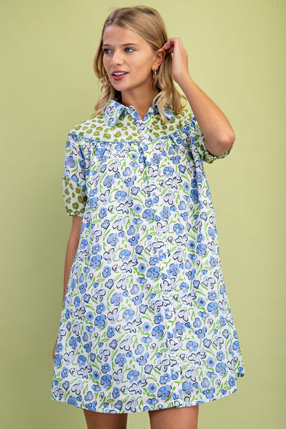 Miss Peony Floral Dress: loose-fit, short sleeves, blue/green/white floral print. Available in sizes XS-XL.