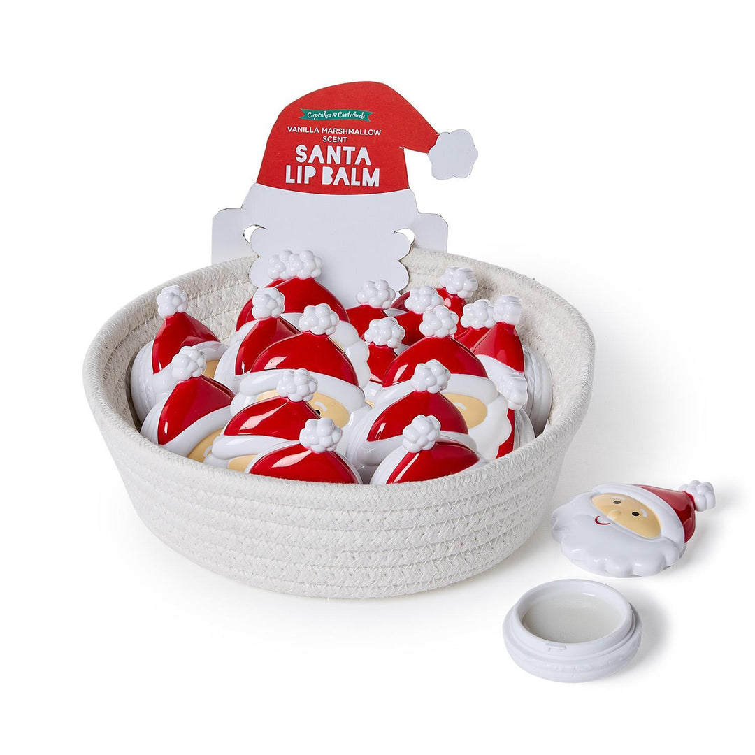 Santa Vanilla &amp; Marshmallow Scented Lip Balm in a white basket, with one container open.