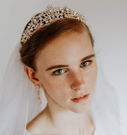 Rose Gold Tiara with crystal accents, available in S, M, L sizes.