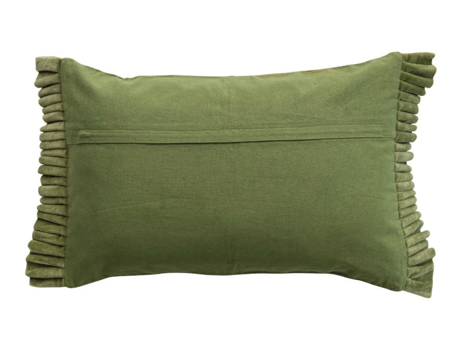 Moss green velvet ruffle edge lumbar pillow with center back zipper. Available in multiple sizes.