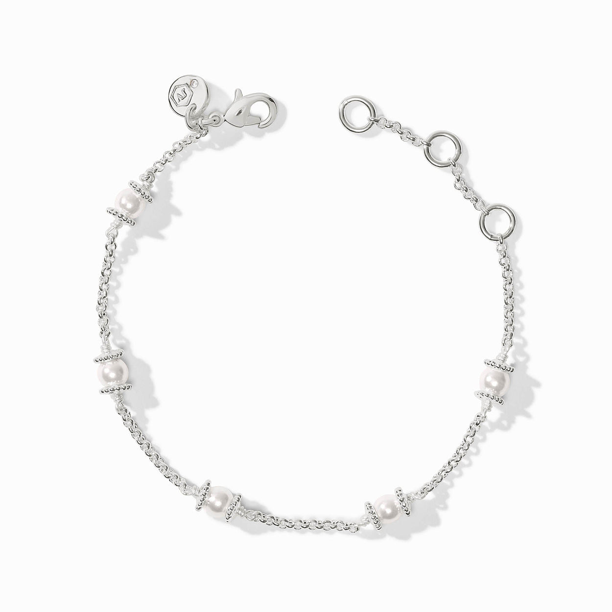 Hydra Delicate Bracelet Pearl by Julie Vos: five white pearls, silver bead accents, adjustable clasp with three sizing loops.