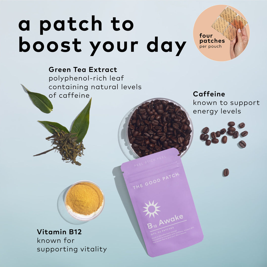 B12 Awake Patch shown with key ingredients: green tea extract, caffeine, vitamin B12. Available in multiple sizes.