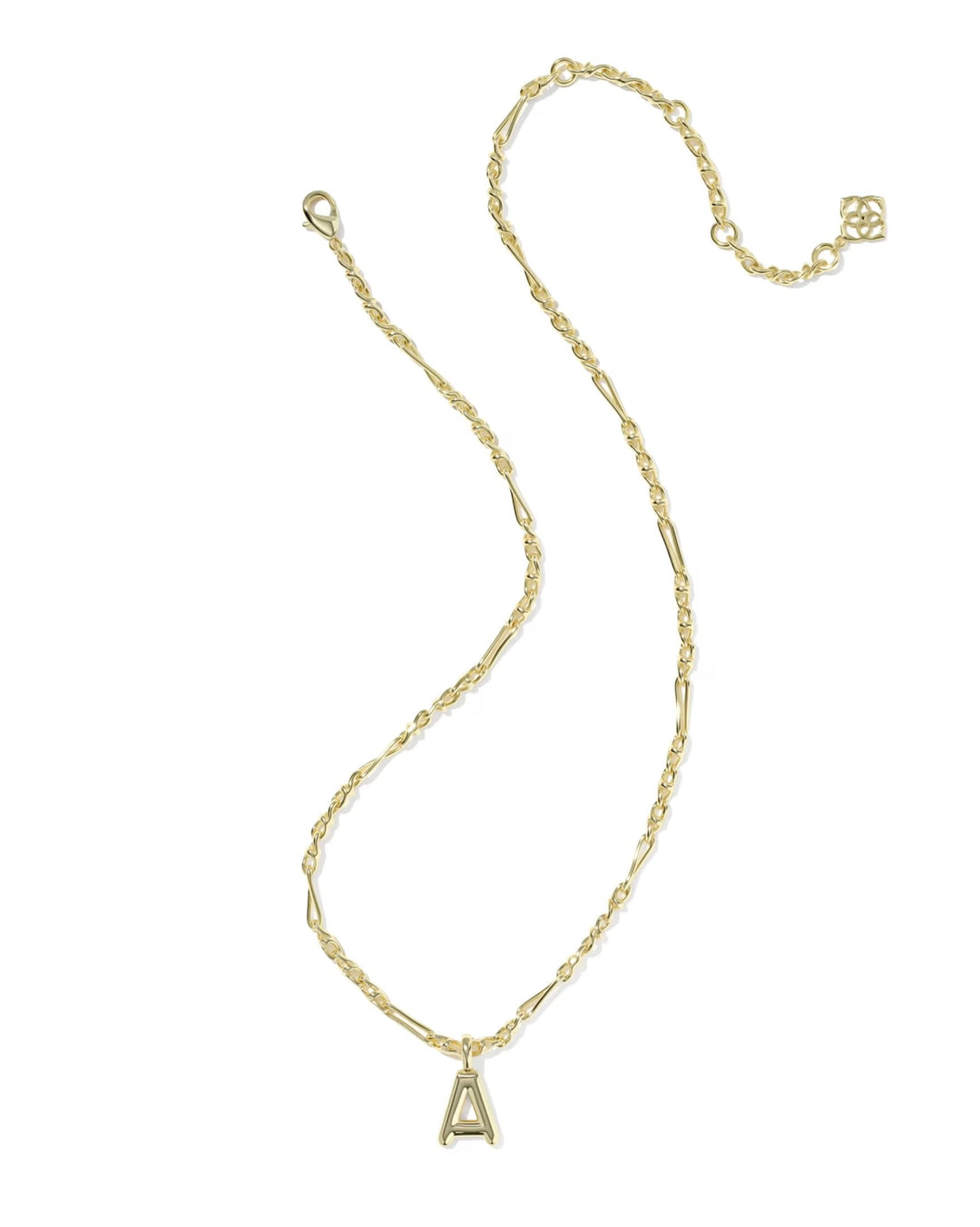 Gold paperclip-style chain necklace with a bold, capital letter "A" pendant. Available in multiple letter options; adjustable length.