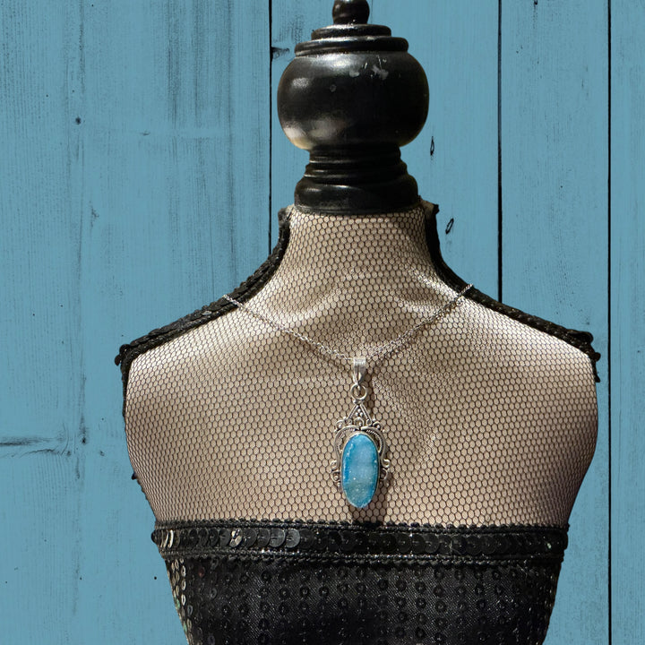 Vintage Sterling Silver Pendant Necklace with large oval blue gemstone. Available in 16", 18", and 20" chain lengths.