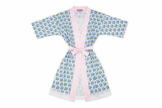 Knee-length blue and green floral robe with pink-white striped trim, matching belt, lace hem/sleeves. Sizes: S-XL.