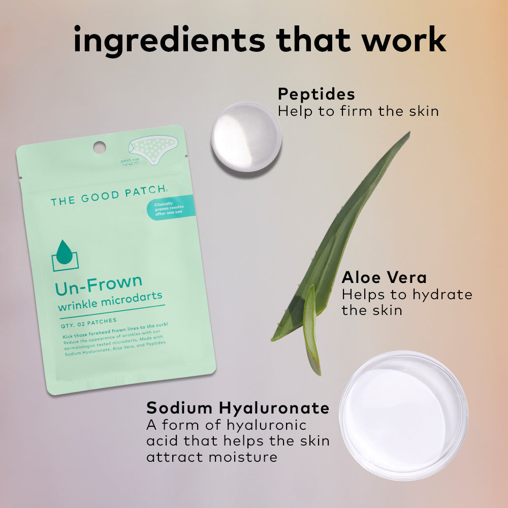Unfrown Patch mint-green packet, highlights peptides, aloe vera, sodium hyaluronate; available in multiple sizes.