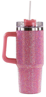 Pink 30oz Sparkle Rhinestone Tumbler with rhinestones, pink handle, clear lid, and white straw. Available in 30oz size.
