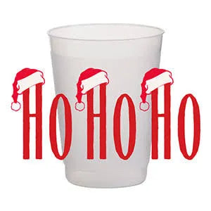 Holiday Styrofoam Cups: 20 oz translucent disposable plastic cup with red “HO HO HO” text and three Santa hats.