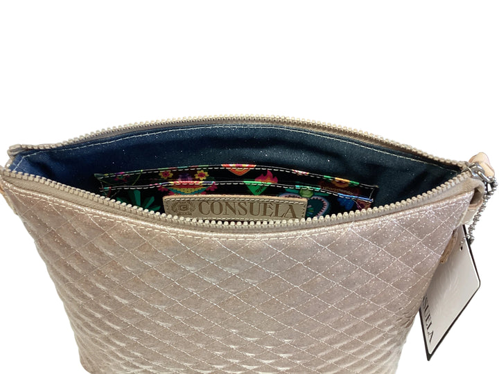 Downtown Crossbody, Ori in quilted rosegold with an adjustable strap, zippered top, and floral interior pocket. Available in all sizes.