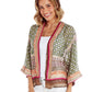 Moorish Pattern Short Kimono: Features a blend of green, red, and orange hues. Sizes available: S, M, L. Crafted by a women-led textile company in Sheffield, England.