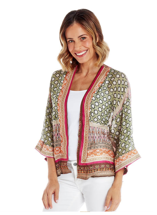 Moorish Pattern Short Kimono: Features a blend of green, red, and orange hues. Sizes available: S, M, L. Crafted by a women-led textile company in Sheffield, England.