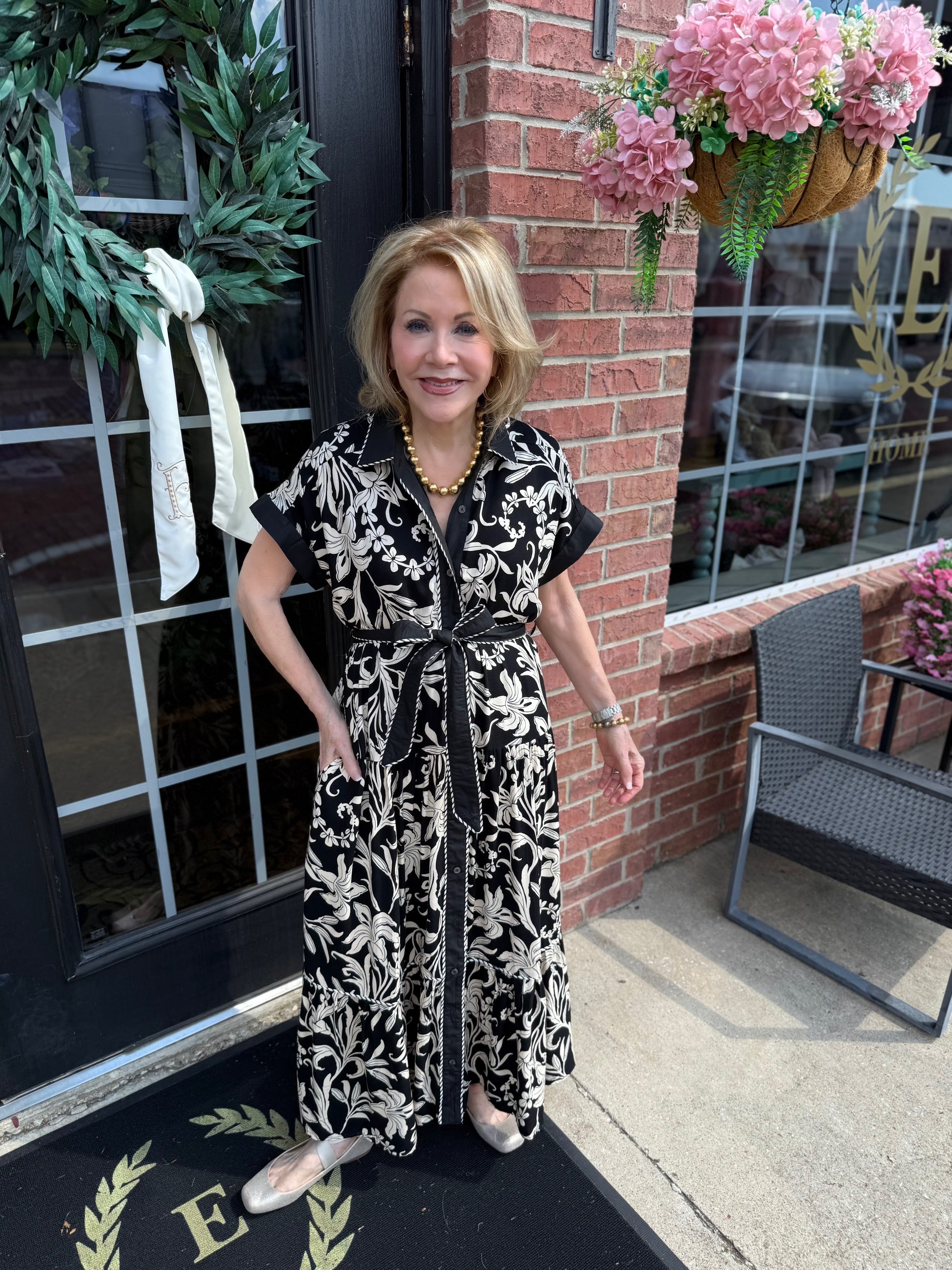 Dolman Sleeve Midi Dress in black and white leaf print; available in sizes XS-XL.