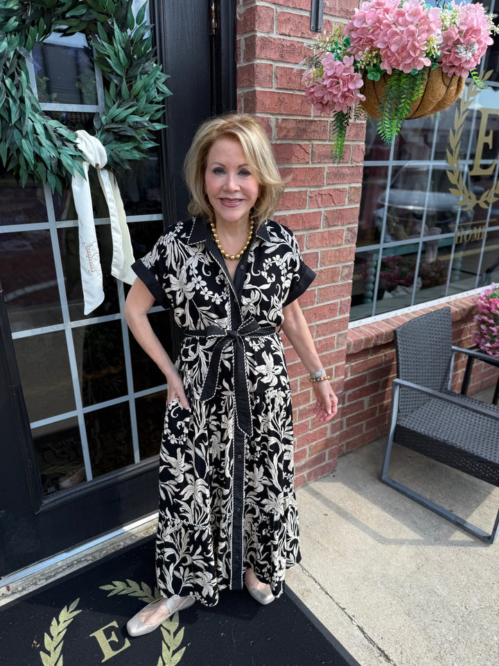 Dolman Sleeve Midi Dress in black and white leaf print; available in sizes XS-XL.