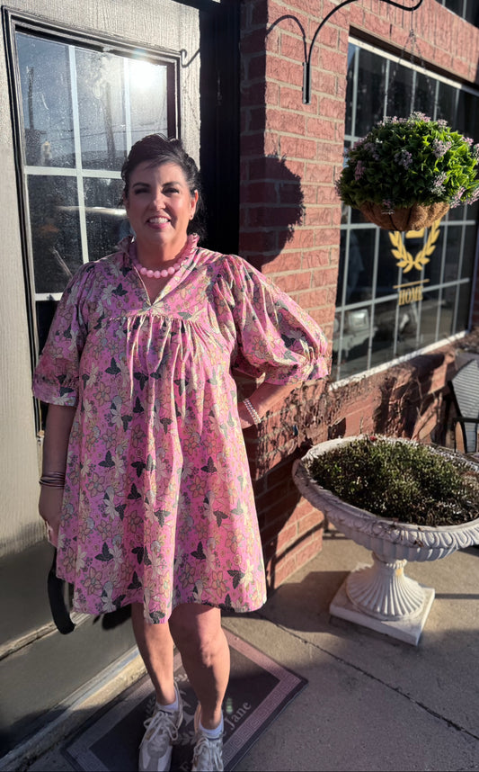 Pink Floral Print Ruffle Collar Dress