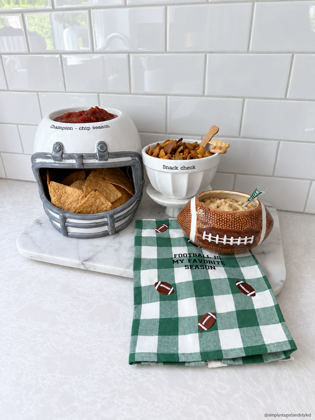 Set of three football-themed snack bowls—helmet, dish, and football-shaped dip bowl—displayed on a tray; available in small and large sizes.