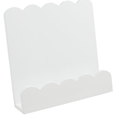 White freestanding cookbook holder with scalloped top, front pocket. Available in small, medium, and large sizes.