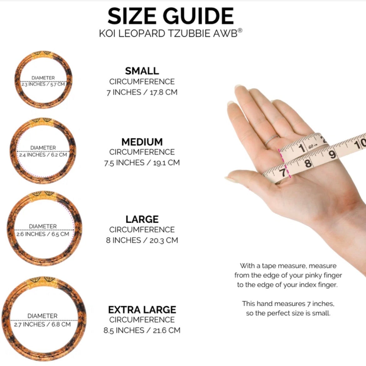 KOI Leopard Tzubbie All Weather Bangles shown in four sizes: Small (7 inches), Medium (7.5 inches), Large (8 inches), Extra Large (8.5 inches).