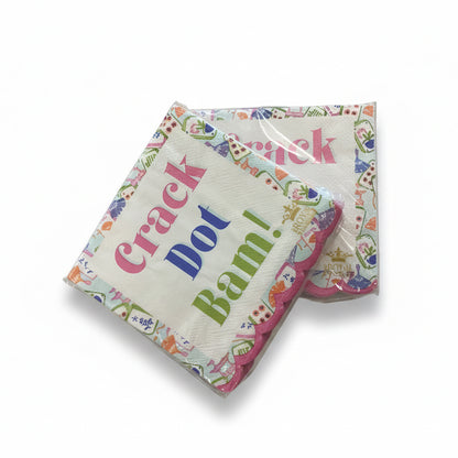 Crack Dot Bam! Cocktail Napkins with colorful text, scalloped edges, and mahjong tile border on white. Available in cocktail size.