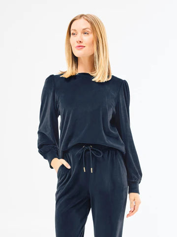 Black velour Chelsea Pullover with relaxed fit and drawstring waist. Available in sizes XS-XL.