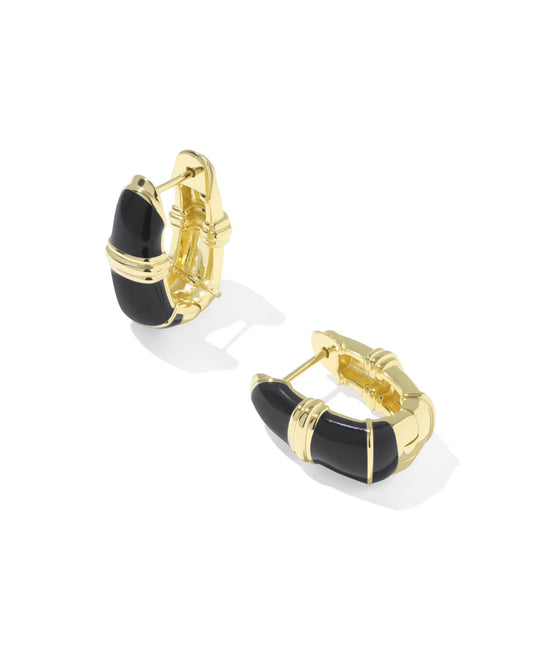 The Courtney Enamel Huggie by Kendra Scott features a gold finish with black enamel accents, huggie silhouette, curved design, and hinge closure. Available in multiple sizes.