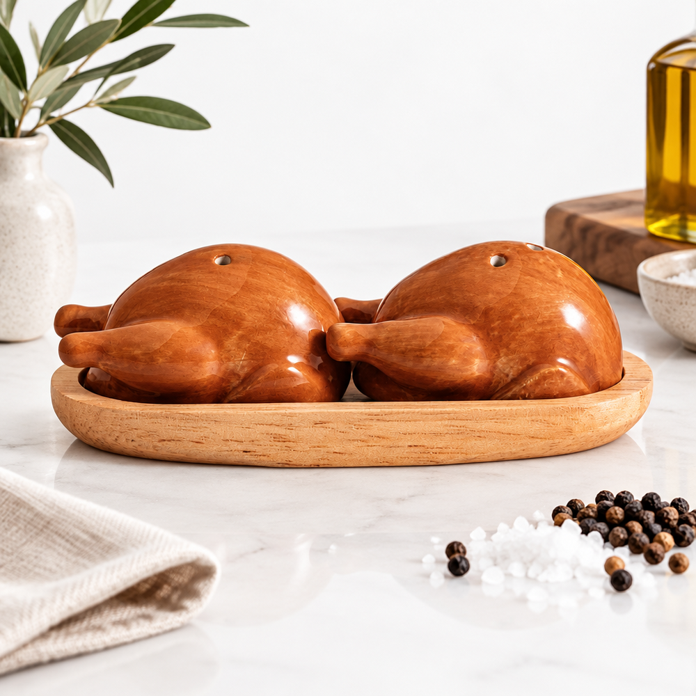 Two wooden Mini Turkey Salt & Pepper Shakers shaped like roast chickens, displayed on a wooden tray. Available in small and medium sizes.