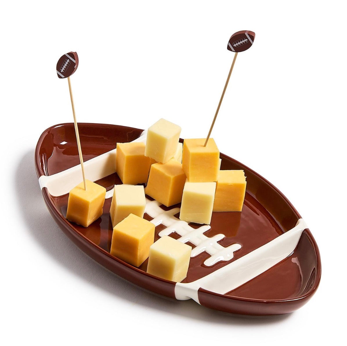 Football Helmet Pick Holder with two mini football-topped toothpicks among cheese cubes; available in multiple sizes.