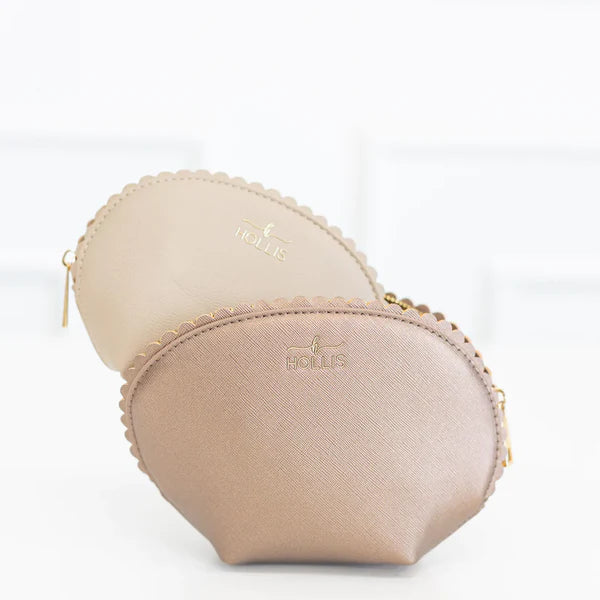 Set of two scalloped beige and pink mini travel bags with gold zippers, "HOLLIS" on front. Available in mini size.