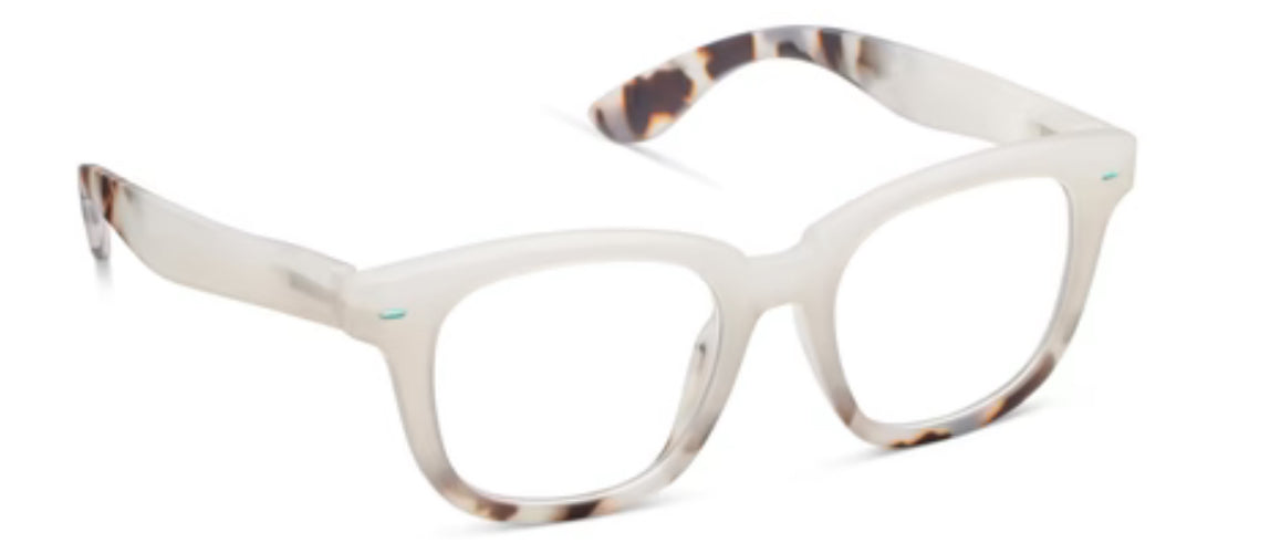 Peepers Hidden Gem Frost/Chai Tortoise: Translucent white rectangular eyeglasses with tortoiseshell-patterned arms. Modern frost design with blue light lenses. Available in various sizes.