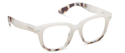 Peepers Hidden Gem Frost/Chai Tortoise: Translucent white rectangular eyeglasses with tortoiseshell-patterned arms. Modern frost design with blue light lenses. Available in various sizes.