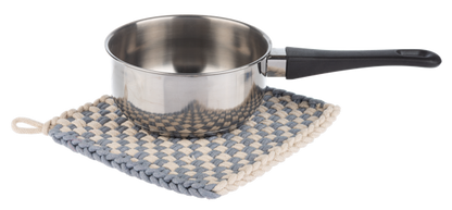 Cotton Crochet Check Pot Holder, handmade from blue and white yarn. Available in multiple sizes.