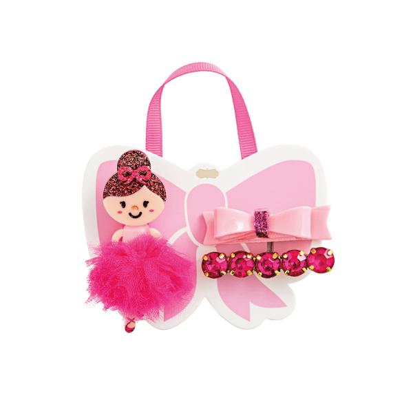 Ballerina Hair Clip: pink and white bow-shaped holder with ballerina figure, pink bow clip, and four sparkly pink accents on a looped pink ribbon. Available in small and large sizes.