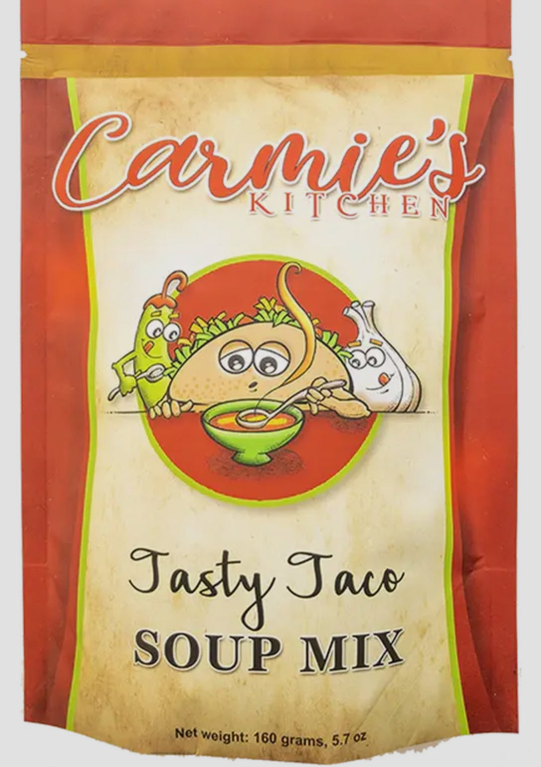 Tasty Taco Soup Mix in red and beige packaging, 160g (5.7 oz) size available.